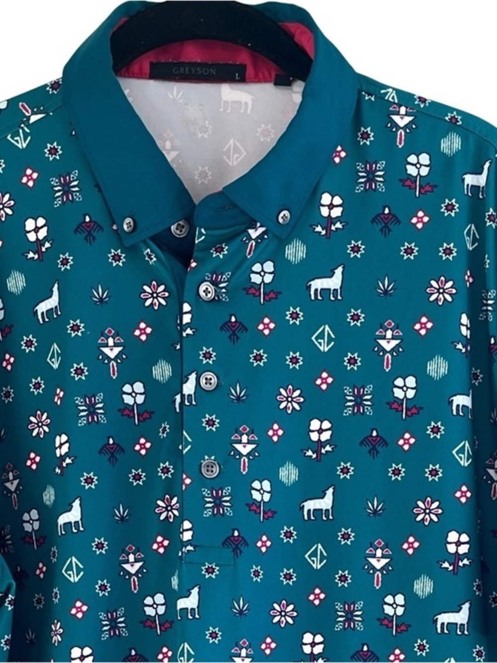 Greyson Polo L Teal Aztec Llama Print Golf Shirt Wolf Logo Performance